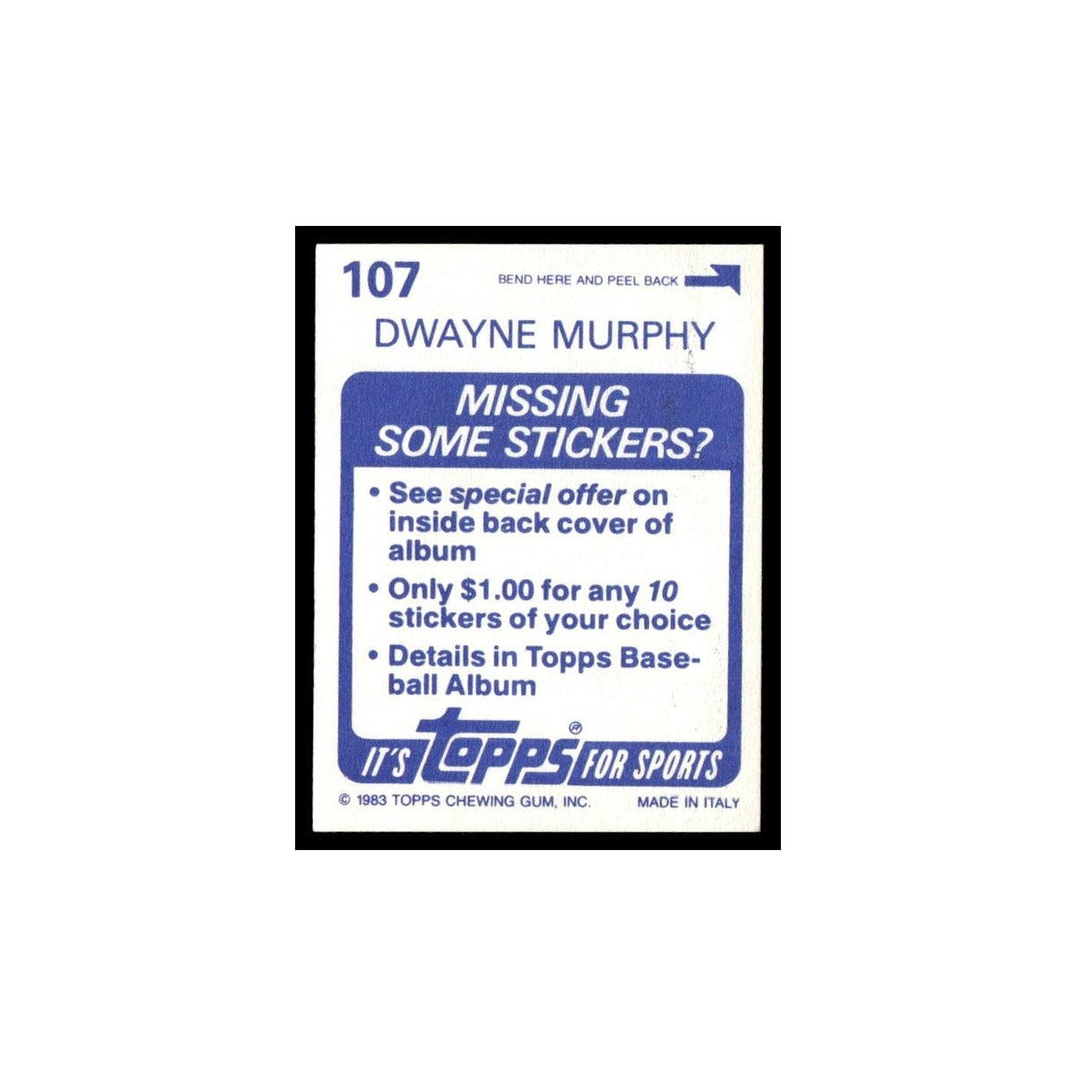 Dwayne Murphy 1983 Topps Stickers #107 Oakland Athletics Baseball Card NM