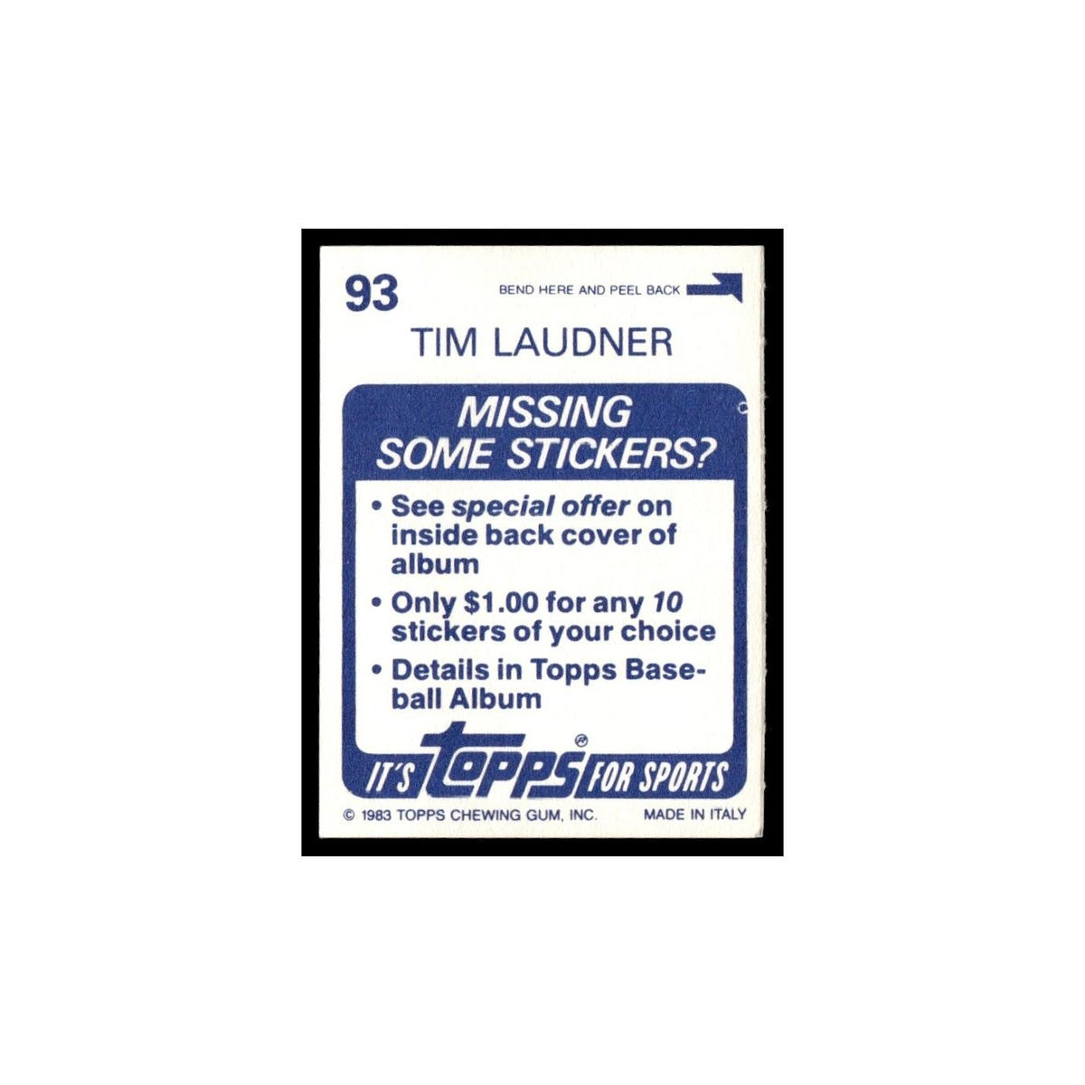Tim Laudner 1983 Topps Stickers #93 Minnesota Twins Baseball Card NM