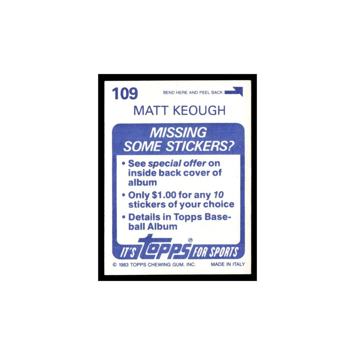 Matt Keough 1983 Topps Stickers #109 Oakland Athletics Baseball Card NM