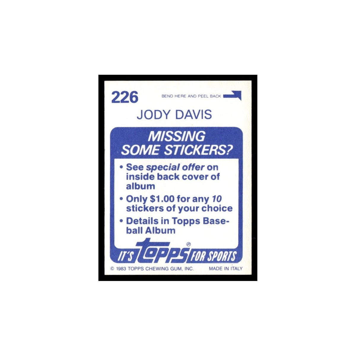 Jody Davis 1983 Topps Stickers #226 Chicago Cubs Baseball Card NM