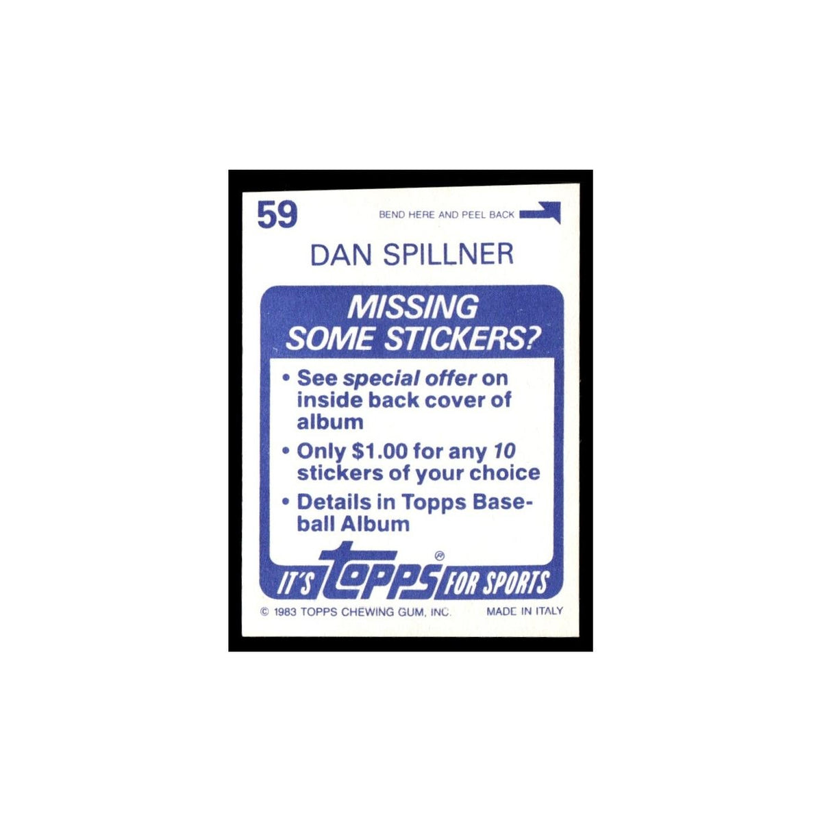 Dan Spillner 1983 Topps Stickers #59 Cleveland Indians Baseball Card NM