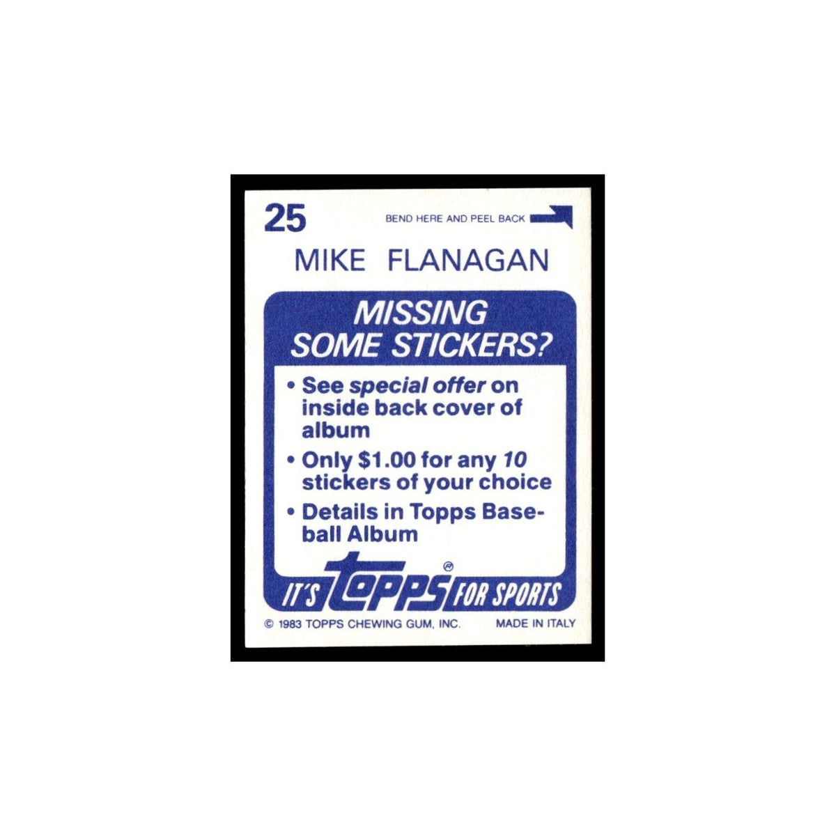 Mike Flanagan 1983 Topps Stickers #25 Baltimore Orioles Baseball Card NM