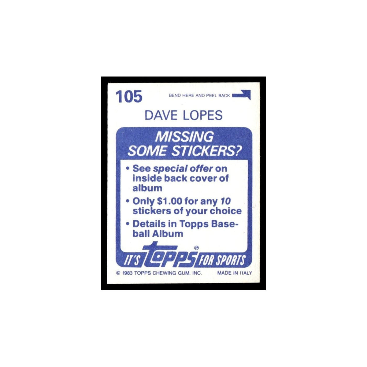 Dave Lopes 1983 Topps Stickers #105 Oakland Athletics Baseball Card NM