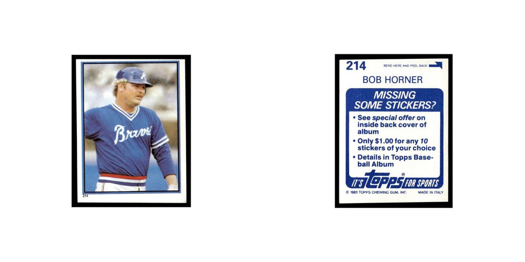 Bob Horner 1983 Topps Stickers #214 Atlanta Braves Baseball Card NM