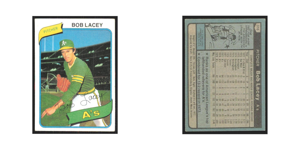 1980 Topps Bob Lacey Athletics #316