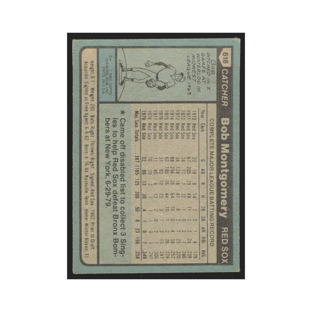 1980 Topps bob Montgomery Red Sox #618