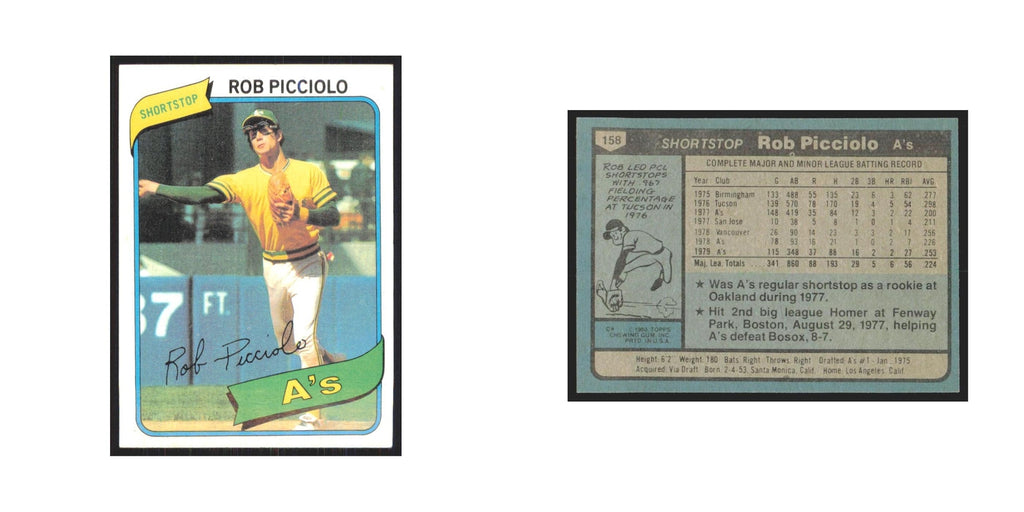 1980 Topps rob Picciolo Athletics #158