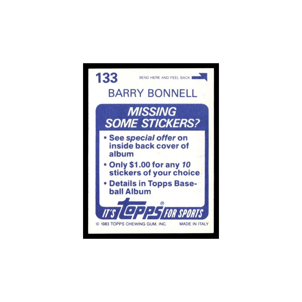 Barry Bonnell 1983 Topps Stickers #133 Toronto Blue Jays Baseball Card NM