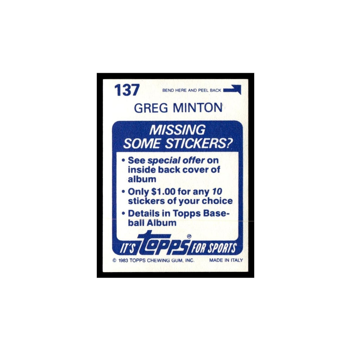 Greg Minton 1983 Topps Stickers #137 San Francisco Giants Baseball Card NM