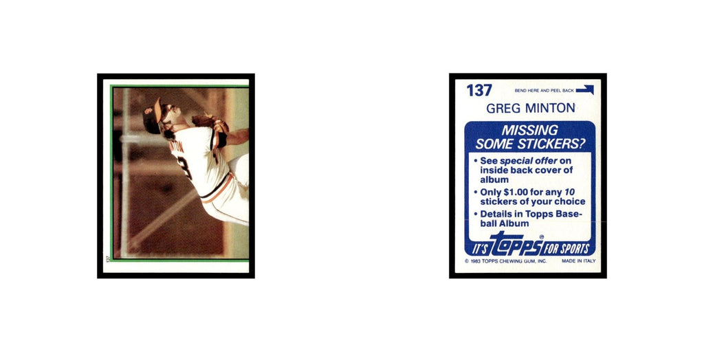 Greg Minton 1983 Topps Stickers #137 San Francisco Giants Baseball Card NM
