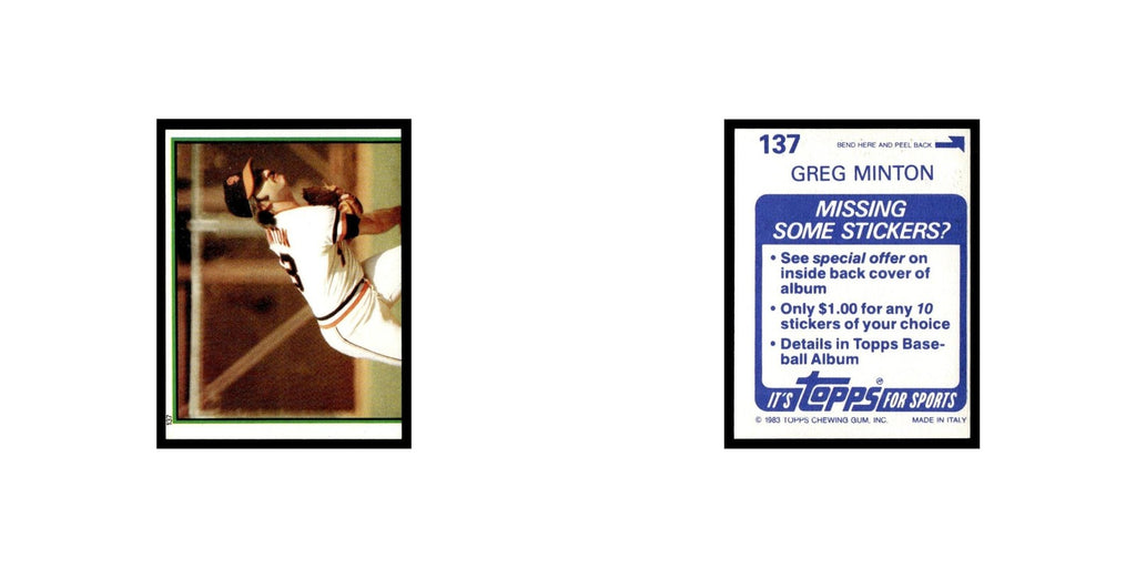 Greg Minton 1983 Topps Stickers #137 San Francisco Giants Baseball Card NM