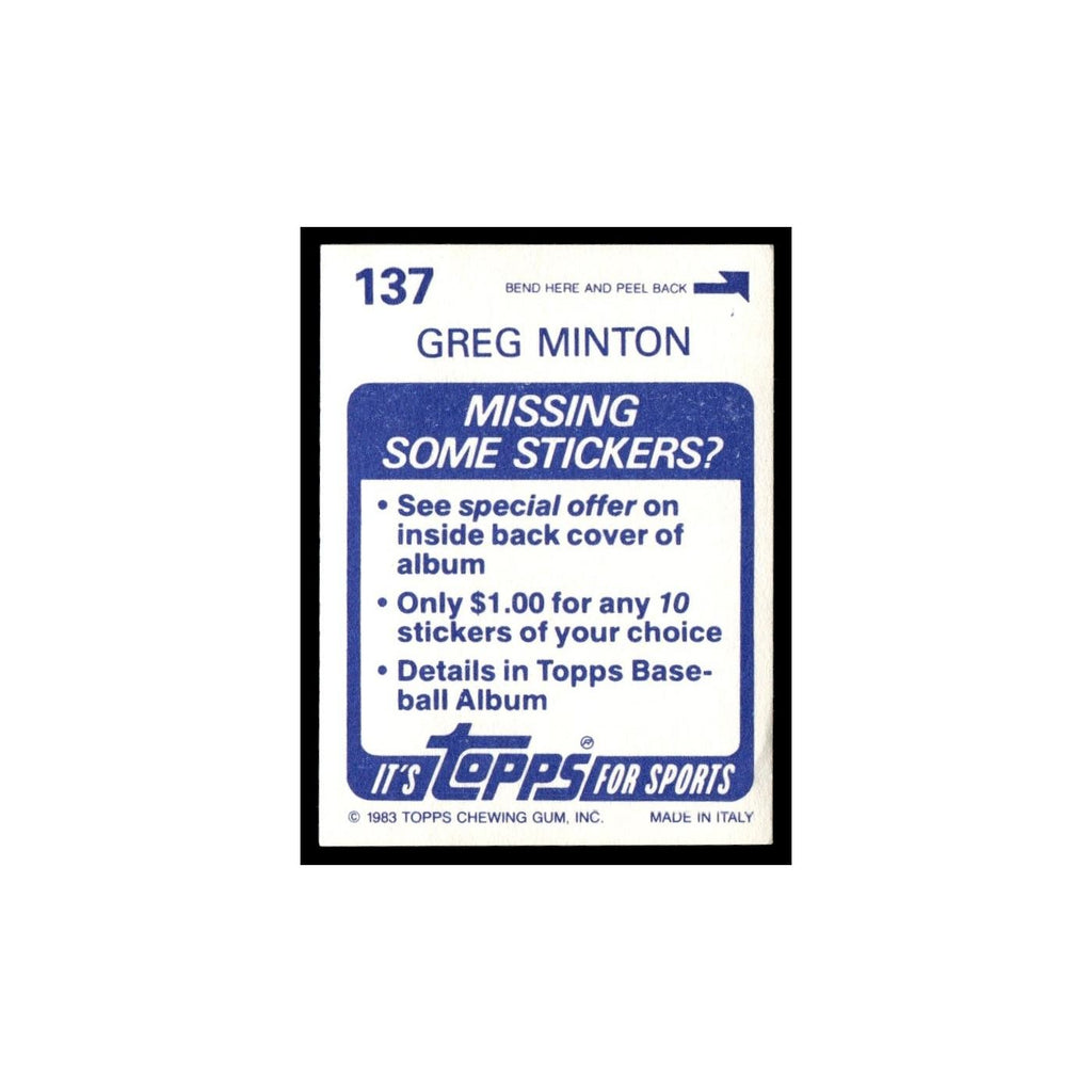 Greg Minton 1983 Topps Stickers #137 San Francisco Giants Baseball Card NM