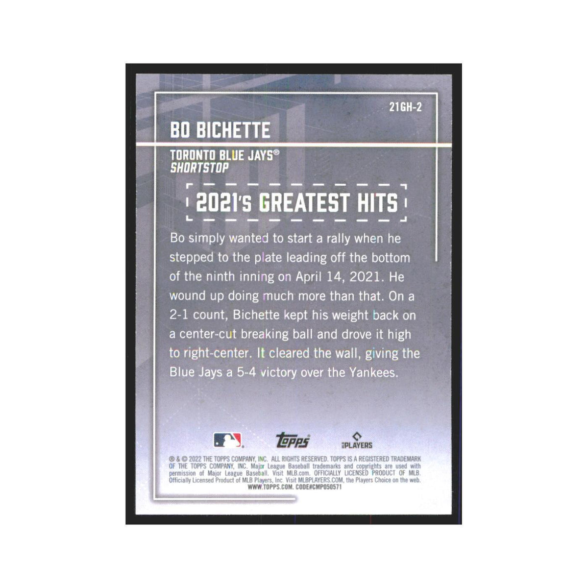 2022 Topps Bo Bichette Blue Jays #21GH-2