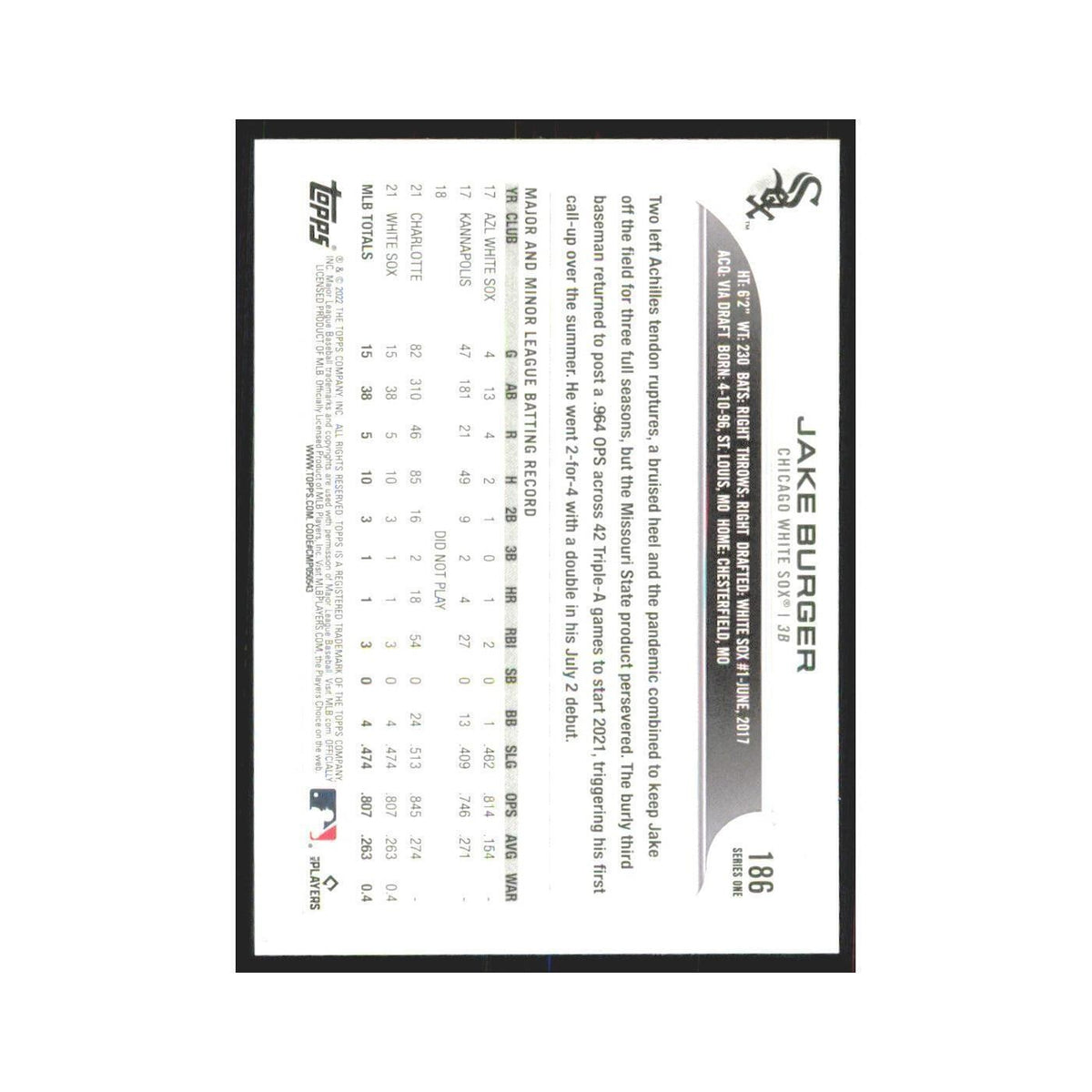 2022 Topps Jake Burger White Sox #186