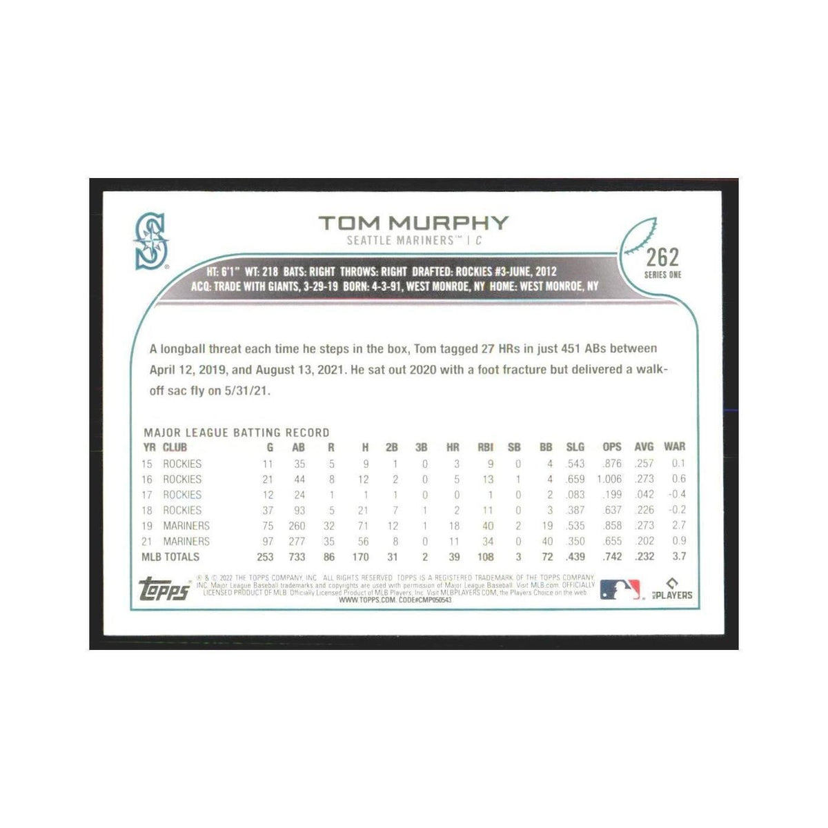 2022 Topps Tom Murphy Mariners #262