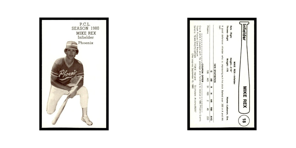 Mike Rex 1980 Valley National Bank #18 Phoenix Giants Baseball Card NM