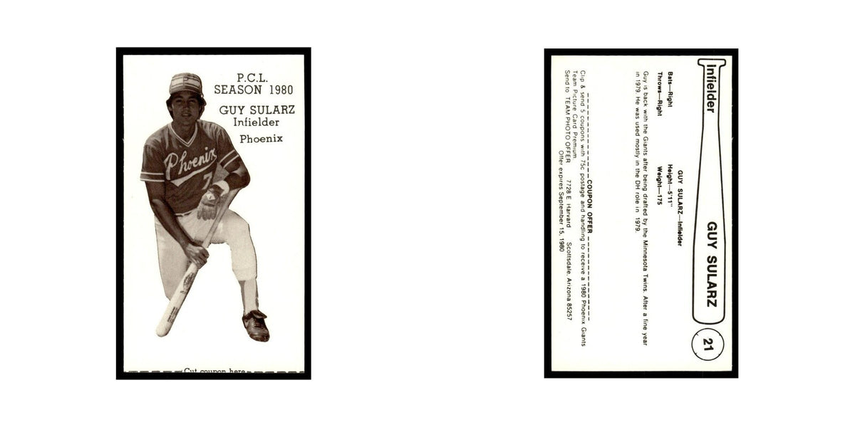 Guy Sularz 1980 Valley National Bank #21 Phoenix Giants Baseball Card NM