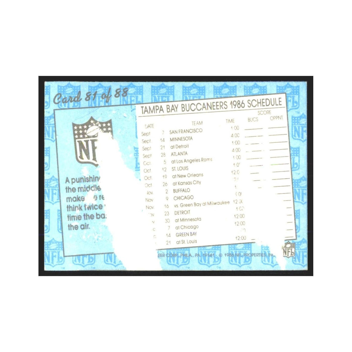 1986 Fleer Schedule Buccaneers #81