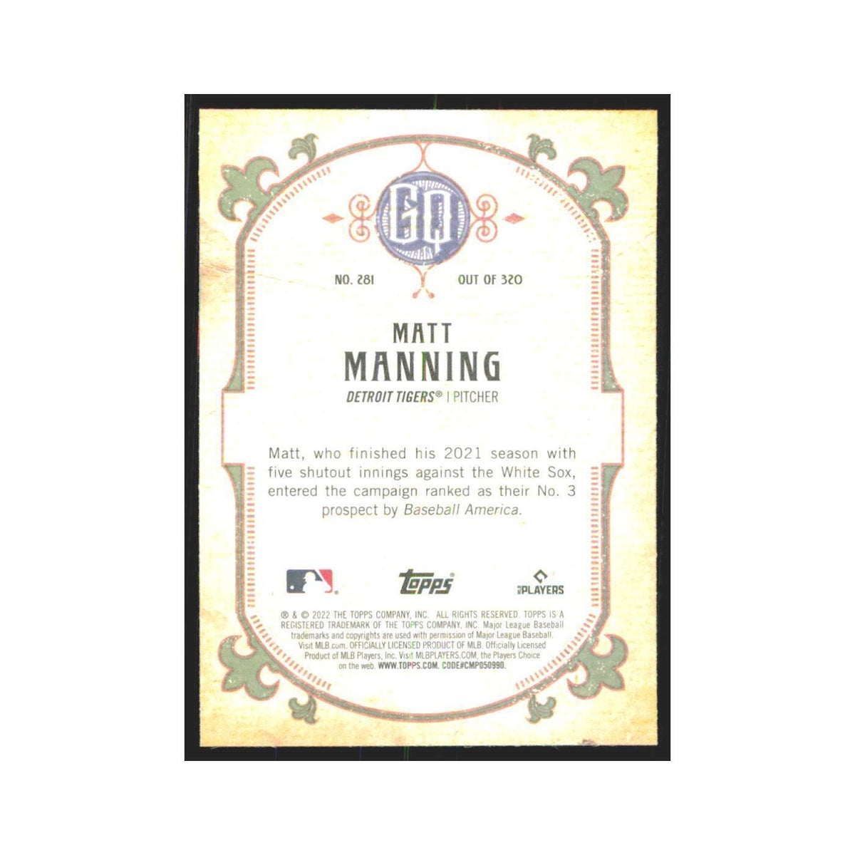 2022 Gypsy Queen Matt Manning RC Tigers #281