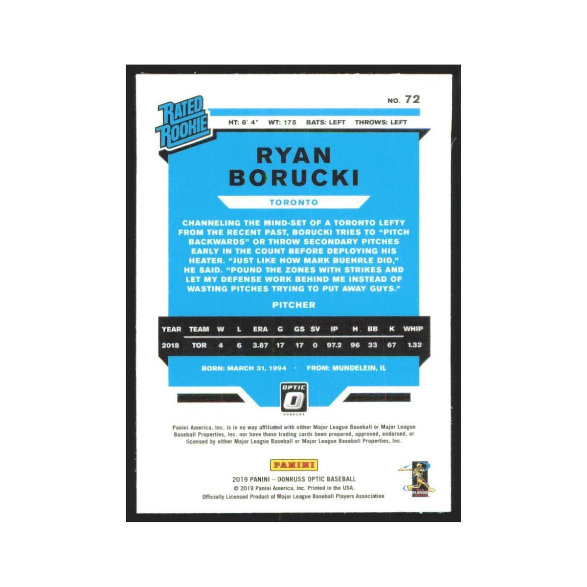 2019 Donruss Optic Ryan Borucki RC Blue Jays #72