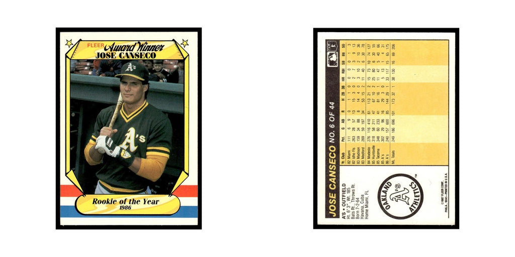 Jose Canseco 1987 Fleer Award Winners #6 Oakland Athletics Baseball Card NM