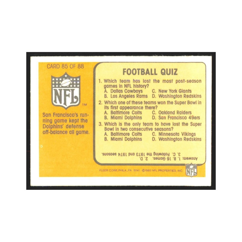 1985 Fleer Football Quiz San Francisco 49ers/Miami Dolphins #85.0