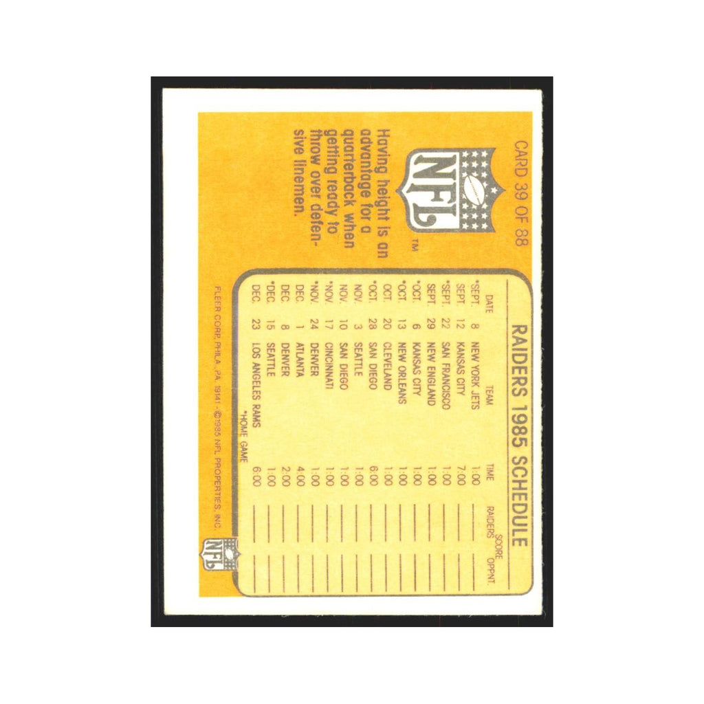 1985 Fleer Standing Tall in the Pocket (1985 Schedule) Los Angeles Raiders #39