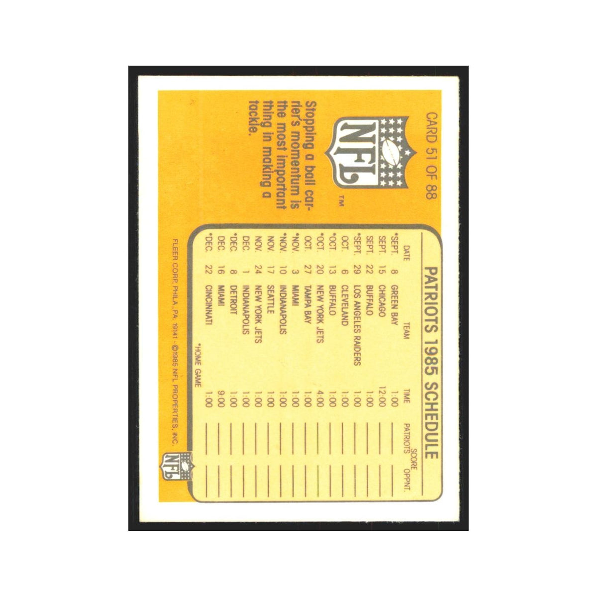 1985 Fleer Standing the Ball Carrier Up (1985 Schedule) Patriots #51