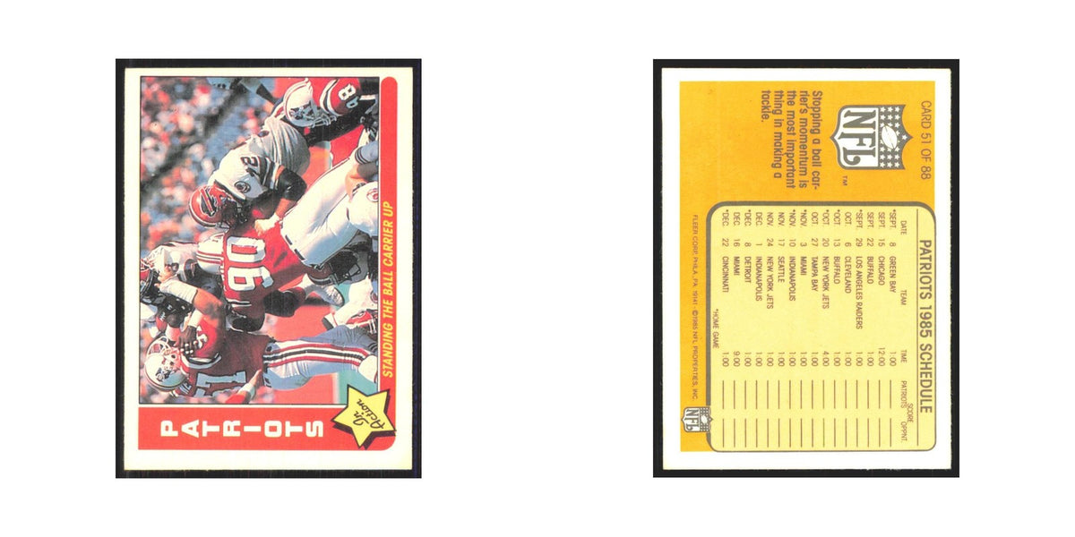 1985 Fleer Standing the Ball Carrier Up (1985 Schedule) Patriots #51