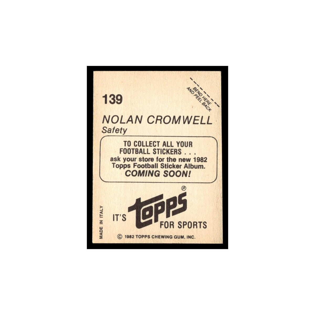 Nolan Cromwell 1982 Topps Stickers #139 Los Angeles Rams Football Card NM