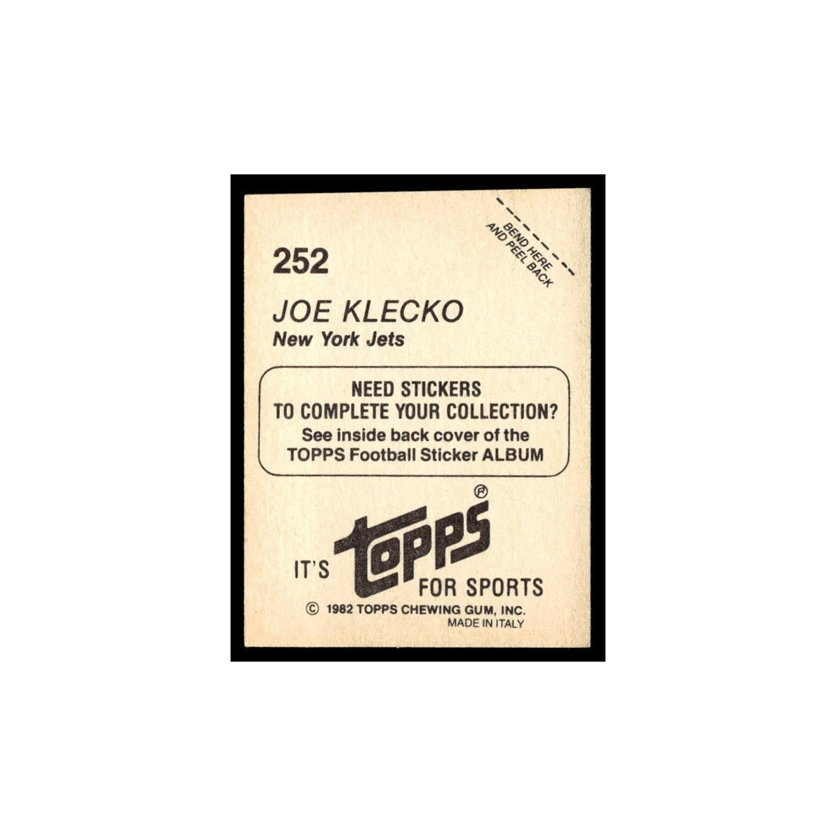 Joe Klecko 1982 Topps Stickers #252 New York Jets Football Card NM