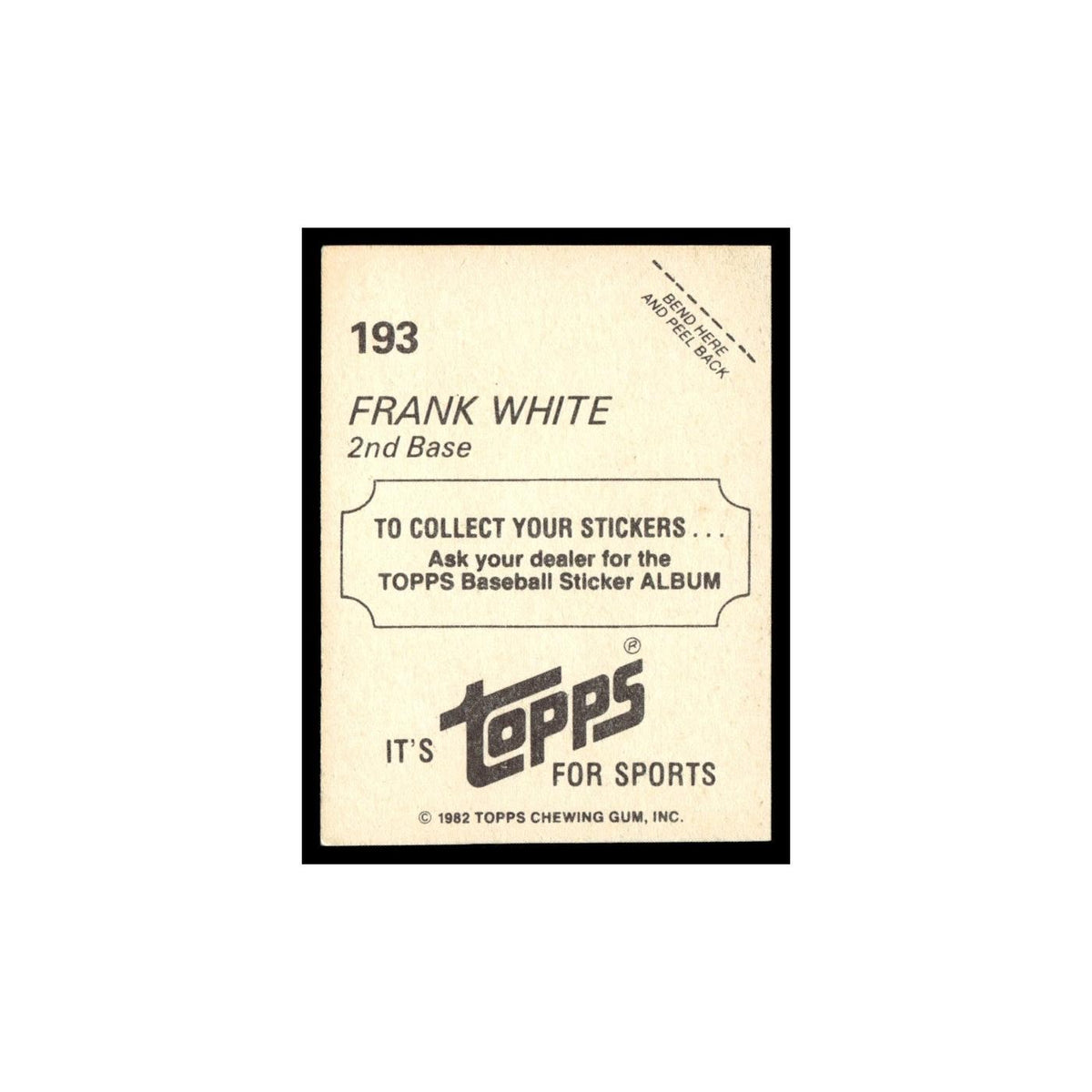 Frank White 1982 Topps Stickers #193 Kansas City Royals Baseball Card NM