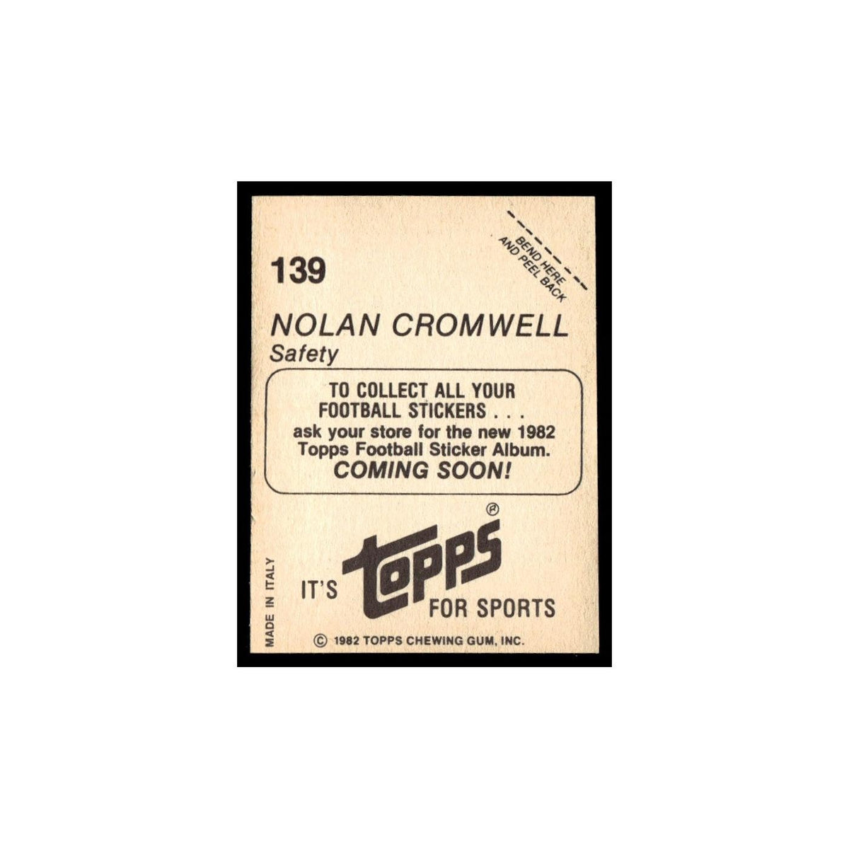 Nolan Cromwell 1982 Topps Stickers #139 Los Angeles Rams Football Card NM