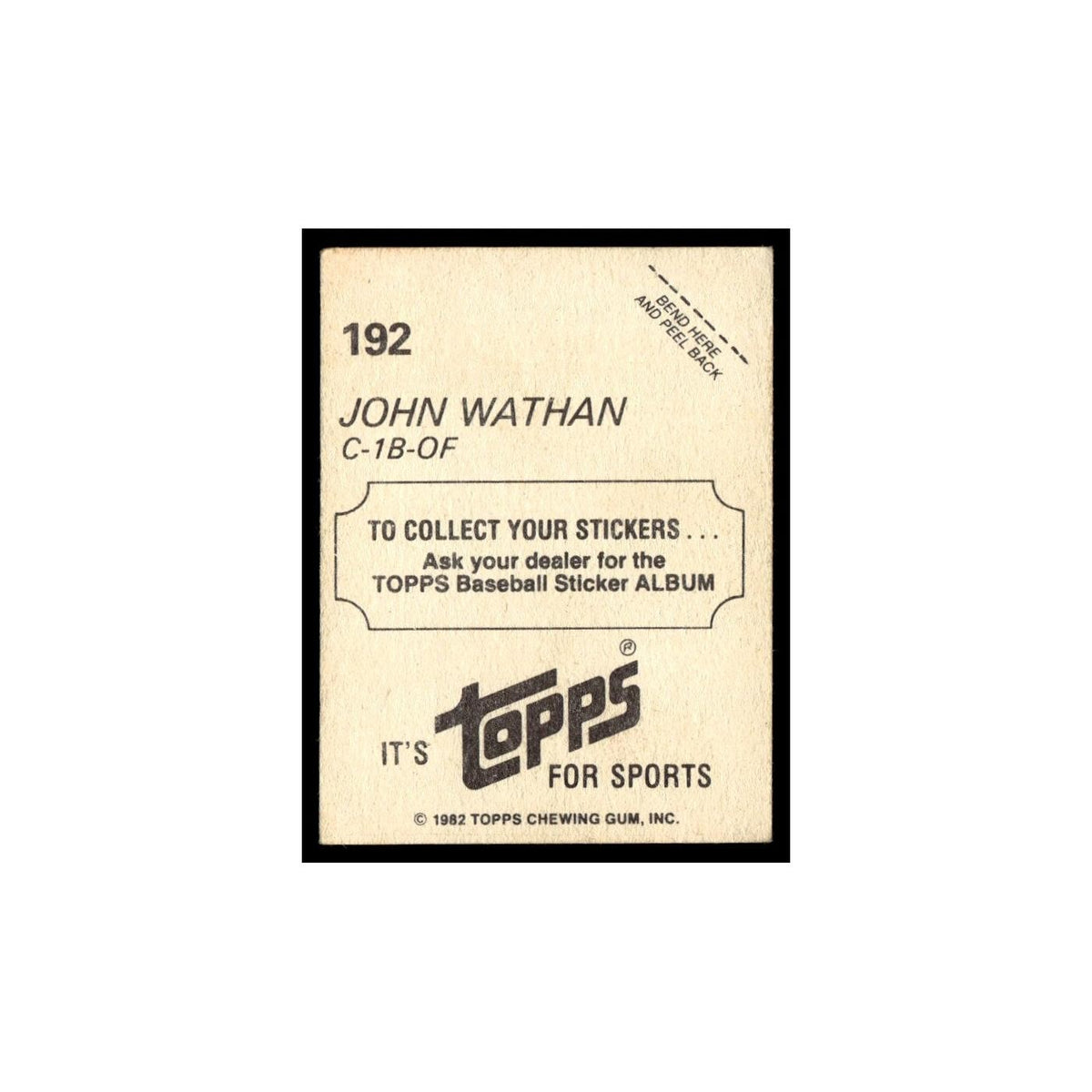 John Wathan 1982 Topps Stickers #192 Kansas City Royals Baseball Card NM