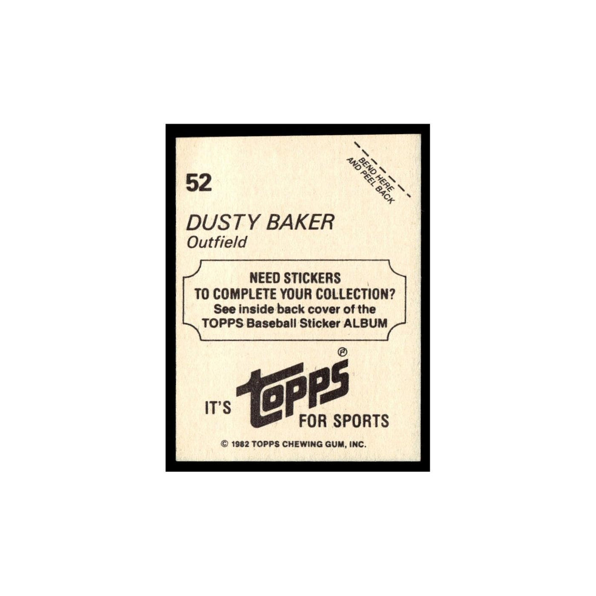 Dusty Baker 1982 Topps Stickers #52 Los Angeles Dodgers Baseball Card NM