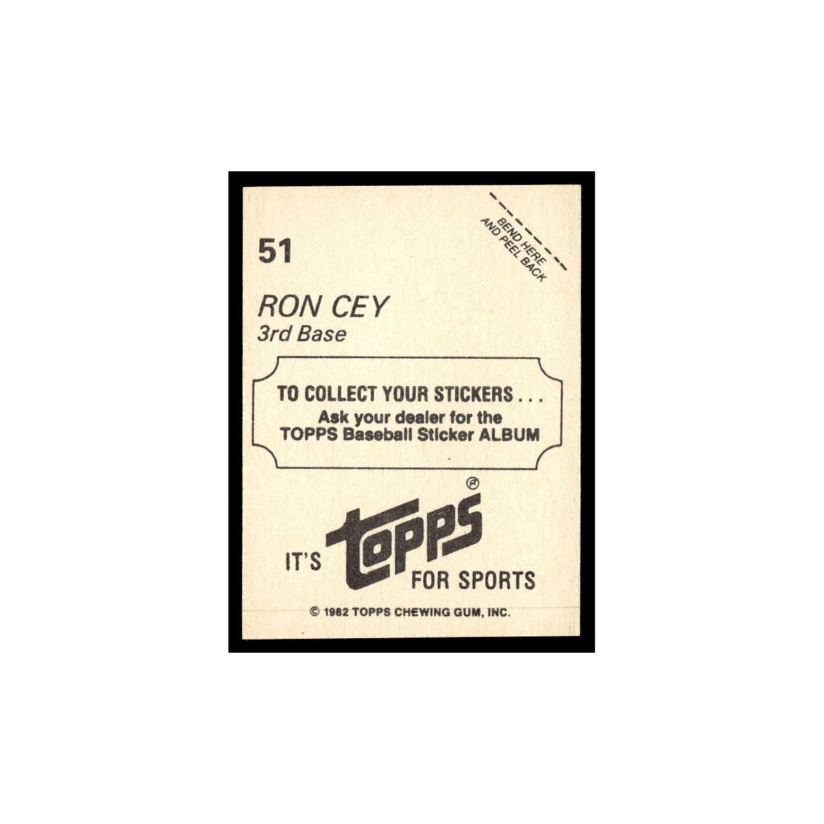 Ron Cey 1982 Topps Stickers #51 Los Angeles Dodgers Baseball Card NM