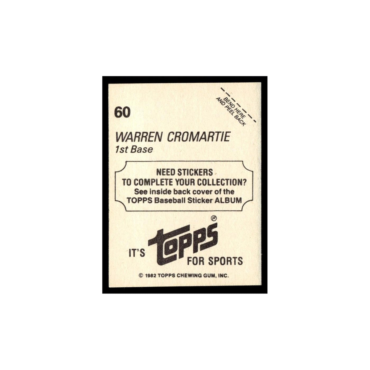Warren Cromartie 1982 Topps Stickers #60 Montreal Expos Baseball Card NM