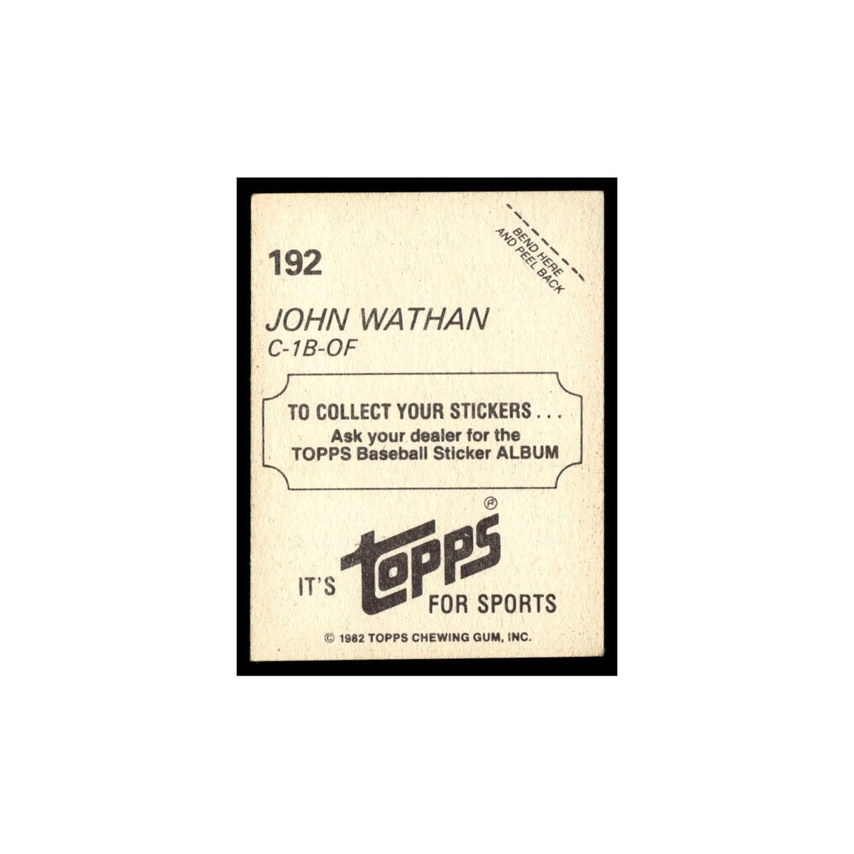 John Wathan 1982 Topps Stickers #192 Kansas City Royals Baseball Card NM