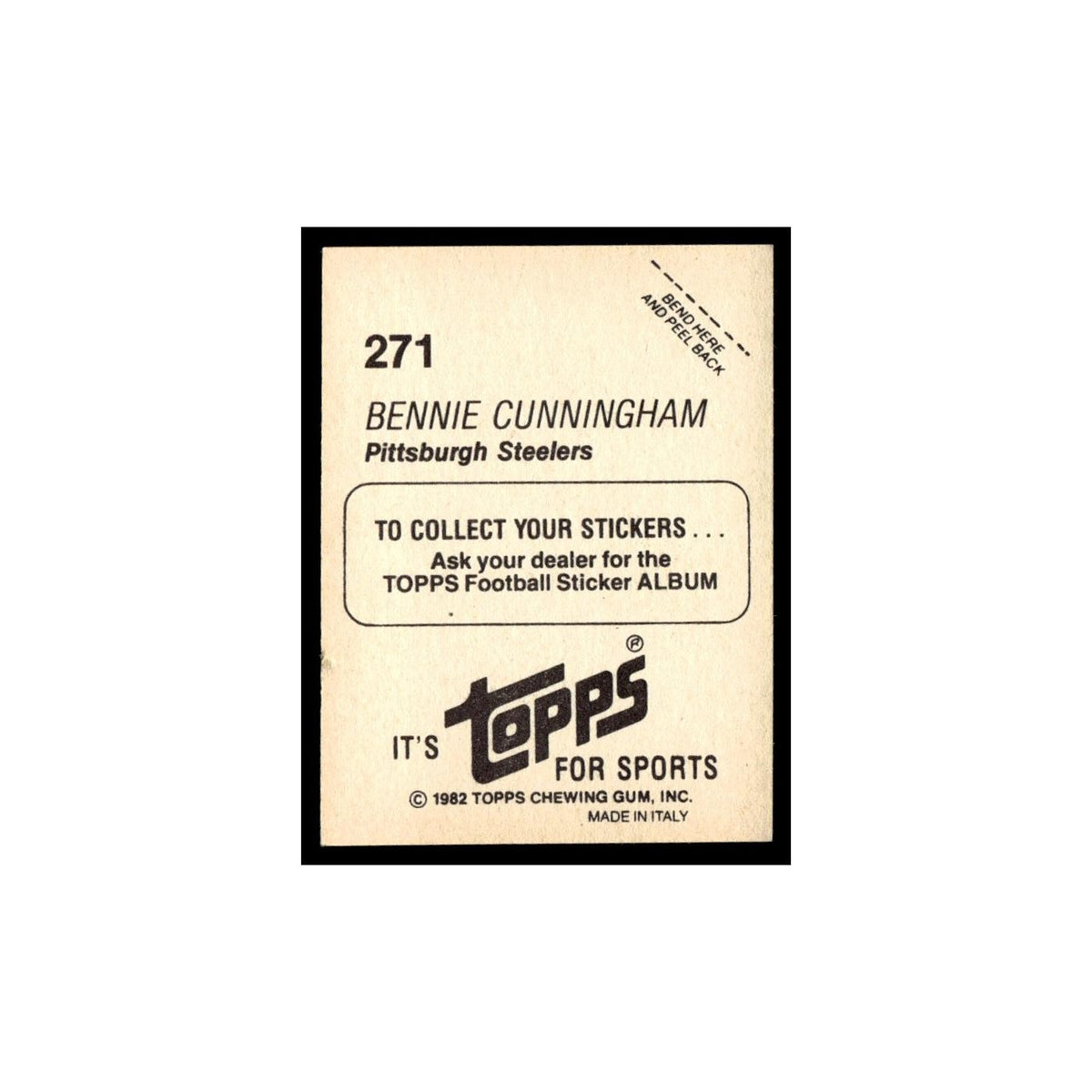 Bennie Cunningham 1982 Topps Stickers #271 Pittsburgh Steelers Football Card NM