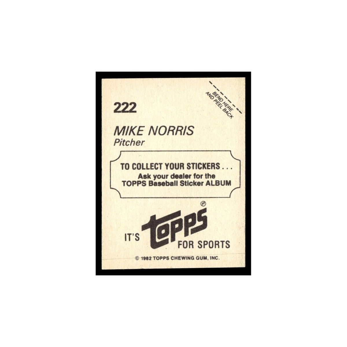 Mike Norris 1982 Topps Stickers #222 Oakland Athletics Baseball Card NM