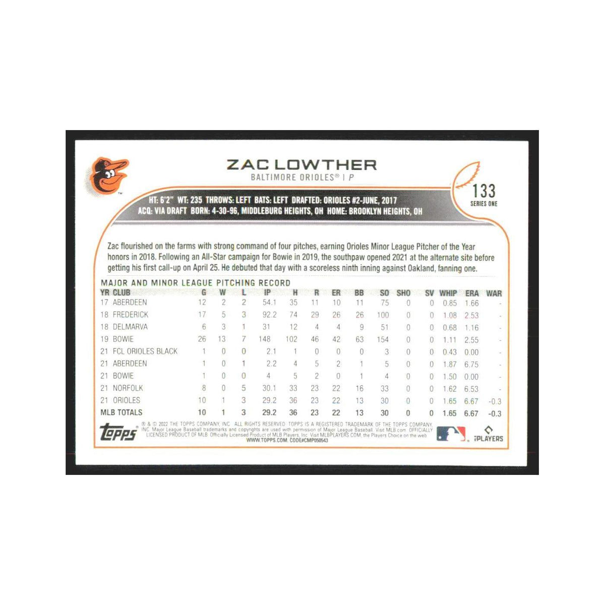 2022 Topps Zac Lowther RC Orioles #133