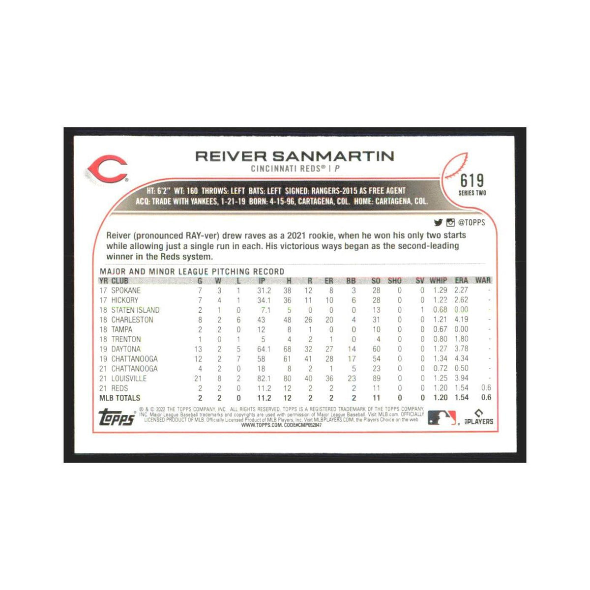 2022 Topps Reiver Sanmartin RC Reds #619