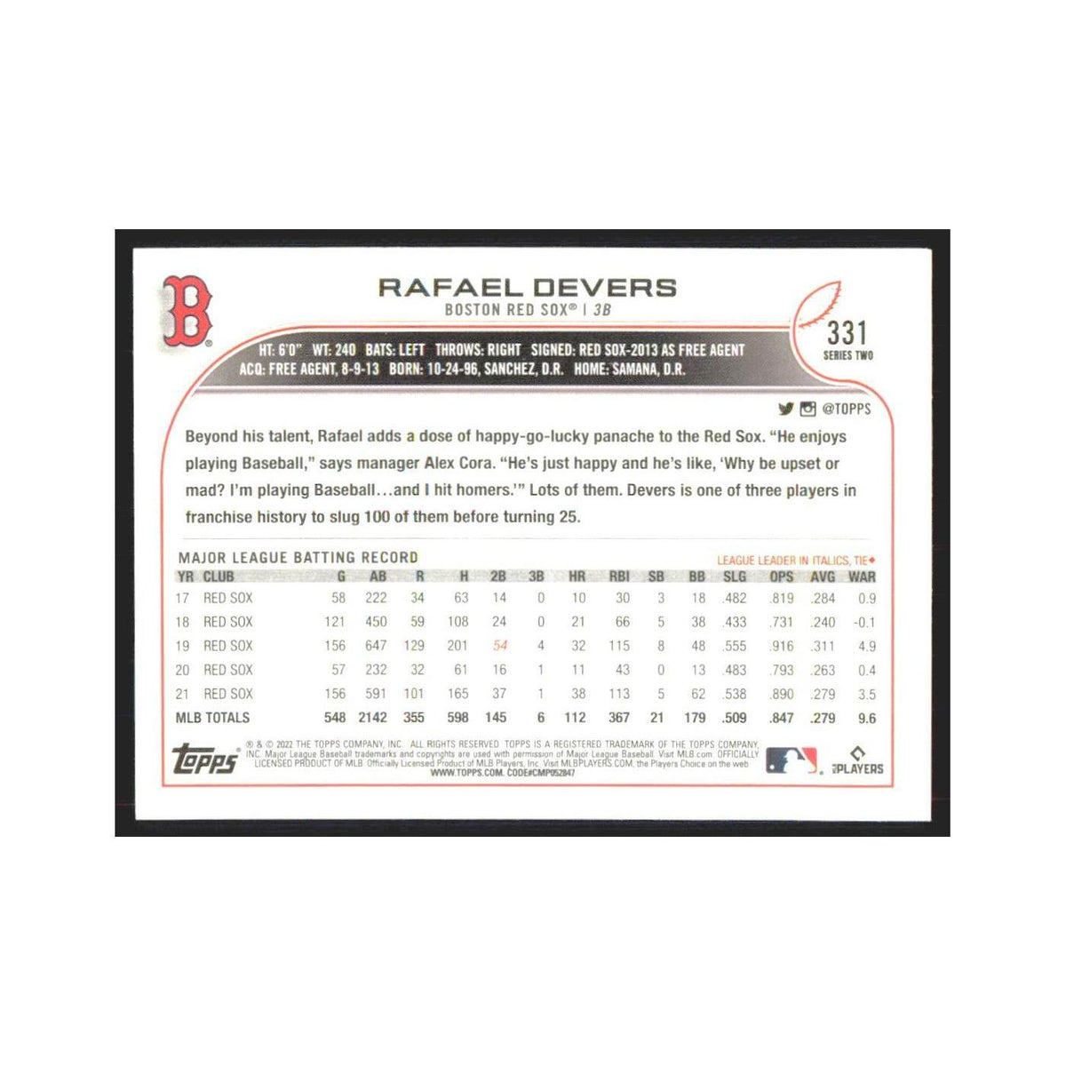 2022 Topps Rafael Devers Red Sox #331