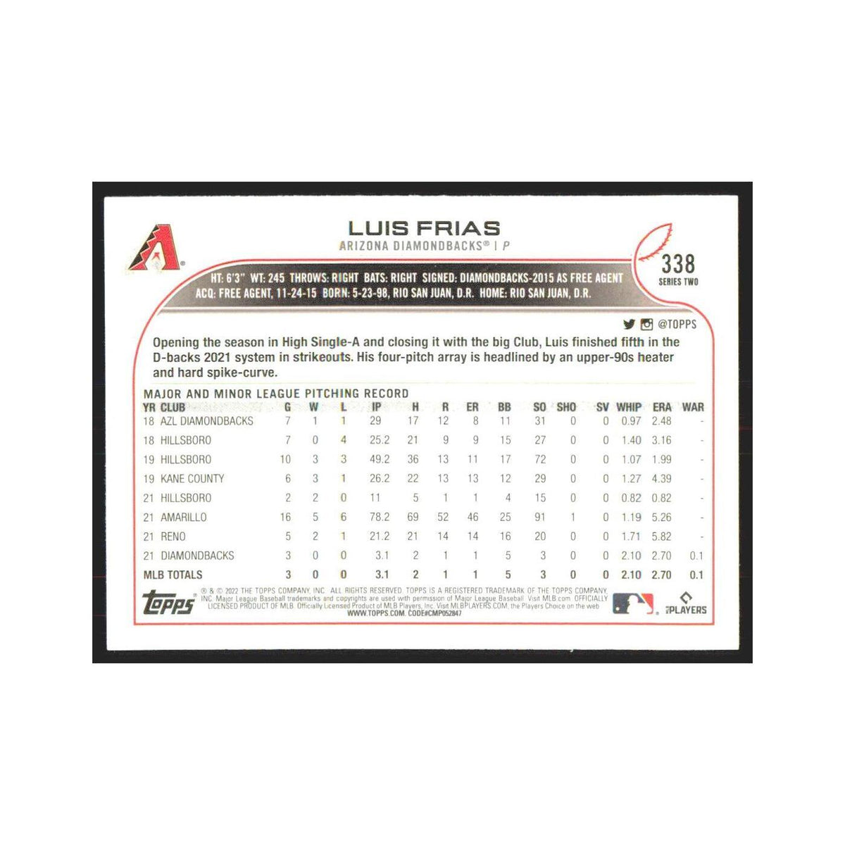 2022 Topps Luis Frias RC Diamondbacks #338
