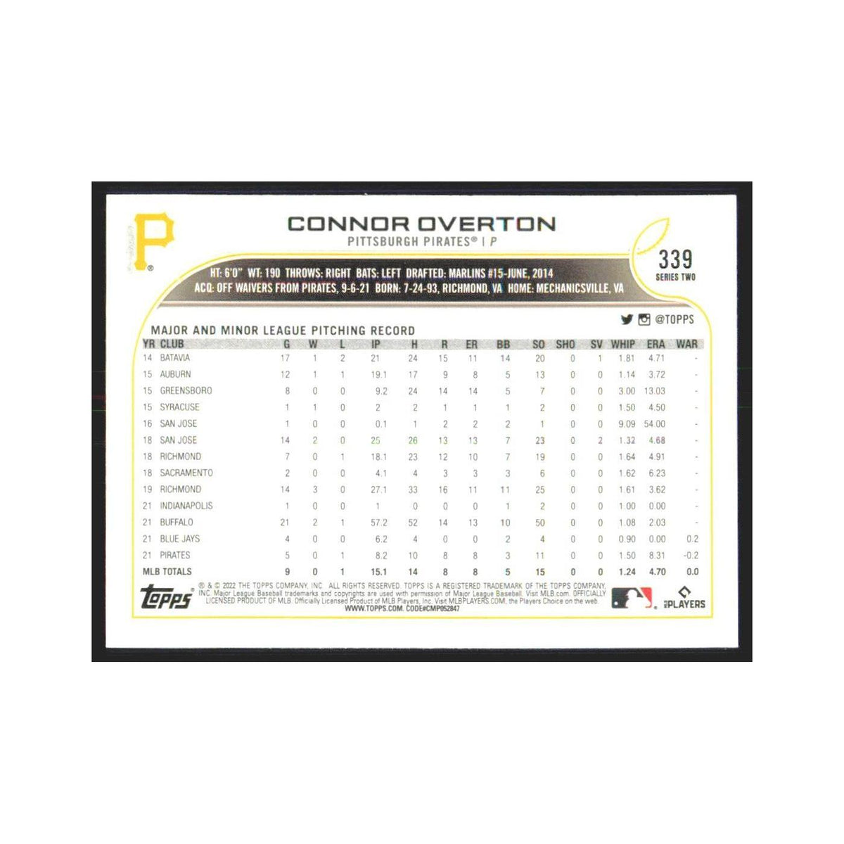 2022 Topps Connor Overton RC Pirates #339
