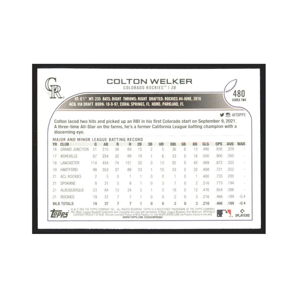 2022 Topps Colton Welker RC Rockies #480