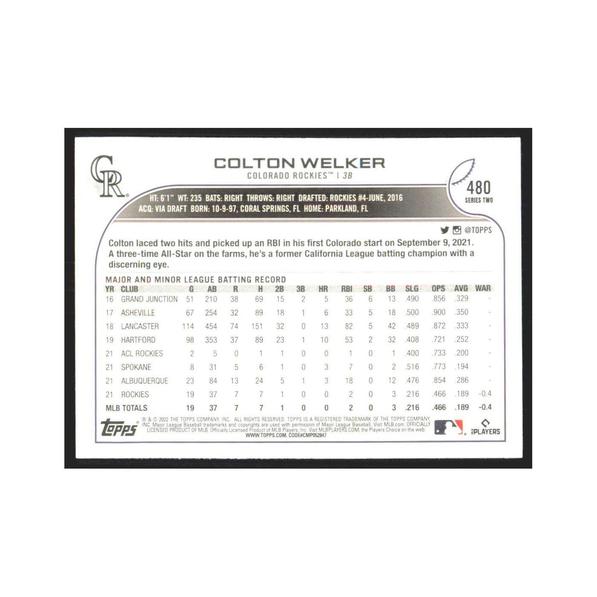 2022 Topps Colton Welker RC Rockies #480
