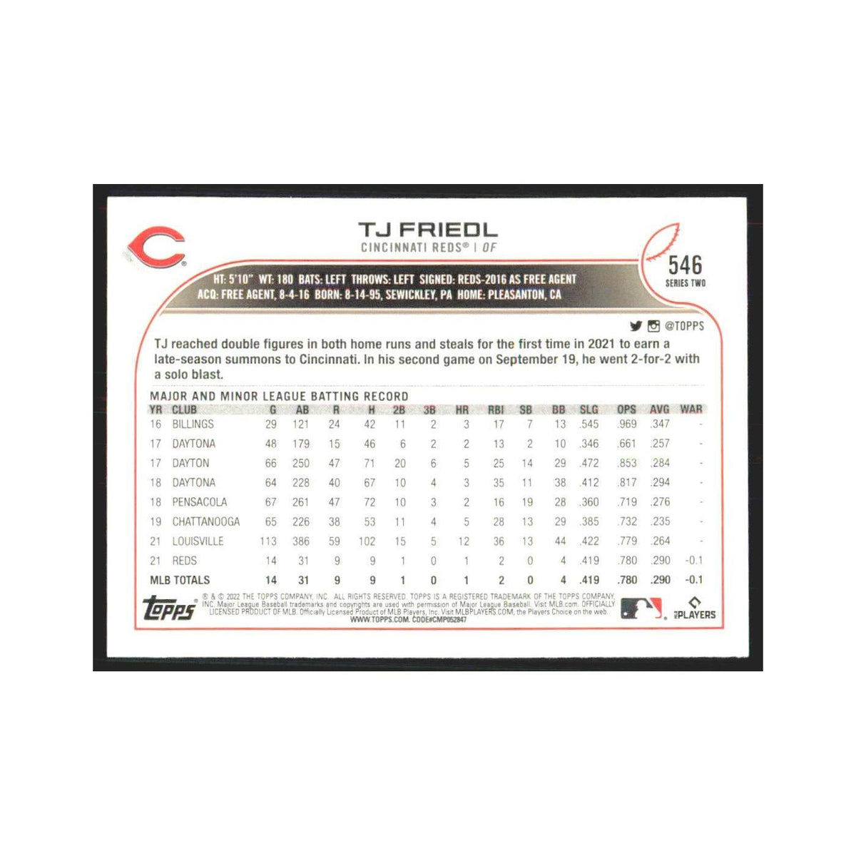 2022 Topps TJ Friedl RC Reds #546