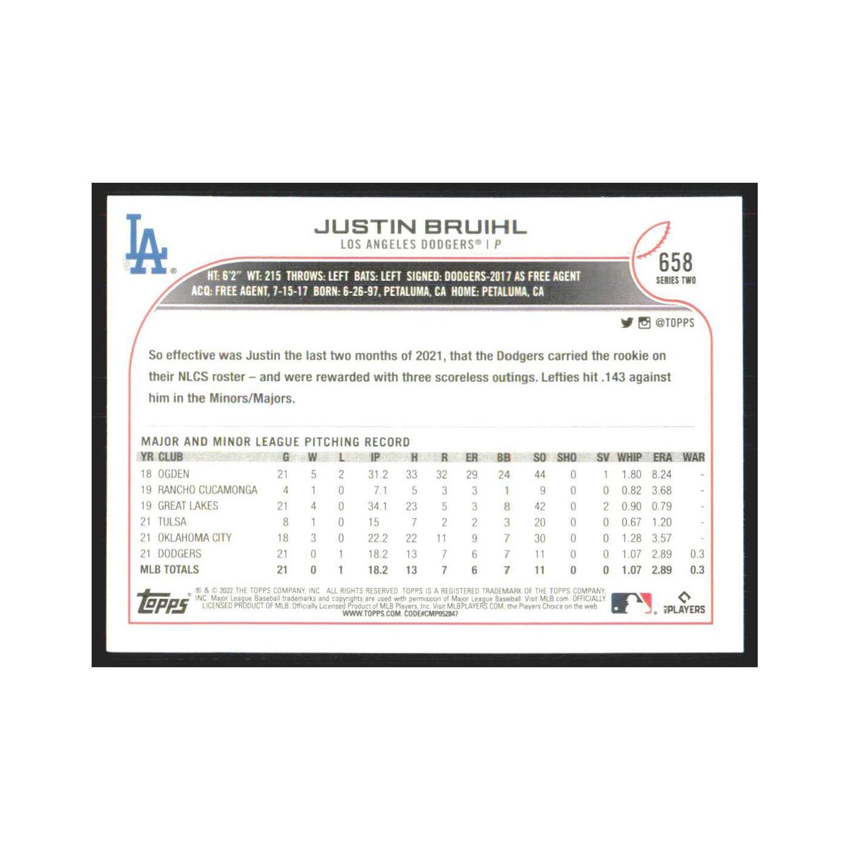 2022 Topps Justin Bruihl RC Dodgers #658