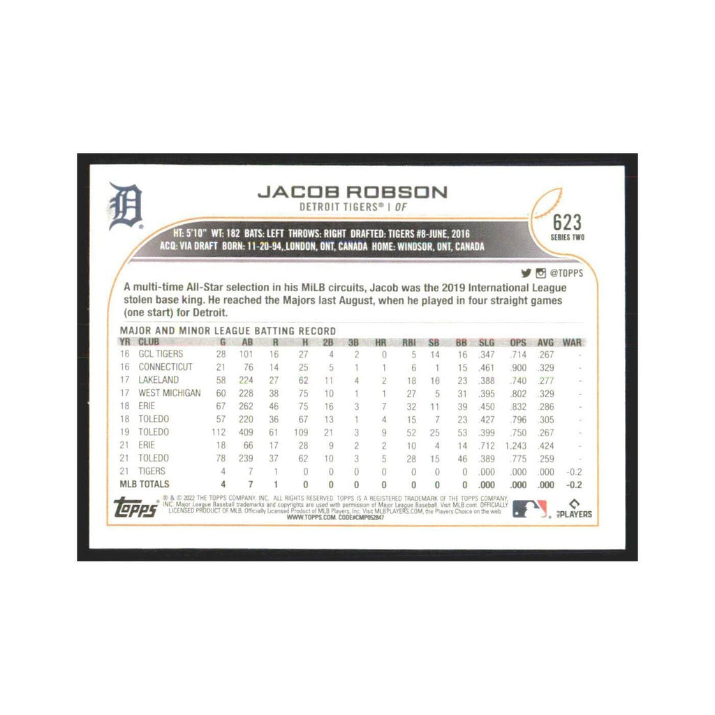 2022 Topps Jacob Robson RC Tigers #623
